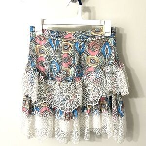 Mulla Colorful Patterned Mini Skirt with Lace Overlay